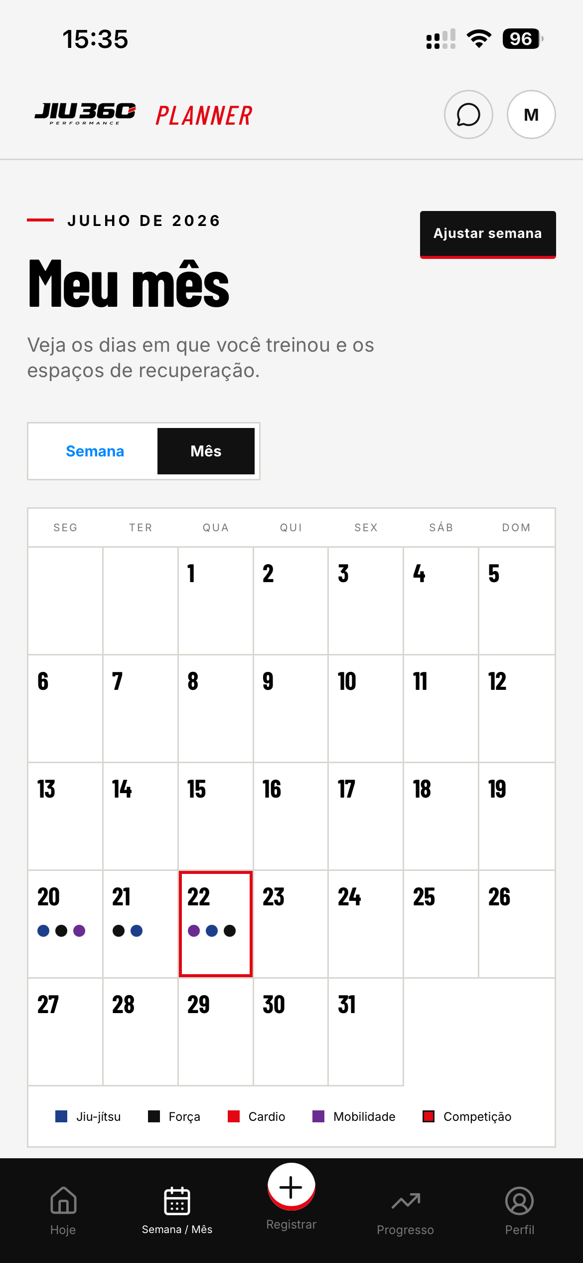 Calendário mensal do JIU360 Planner